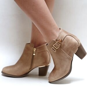 New Taupe Ankle Boots With Gold Buckle